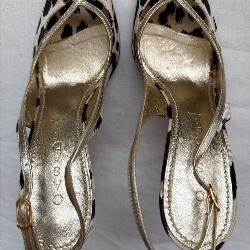 Casadei Gold and Black Leopard Print Sandals with Strappy Design